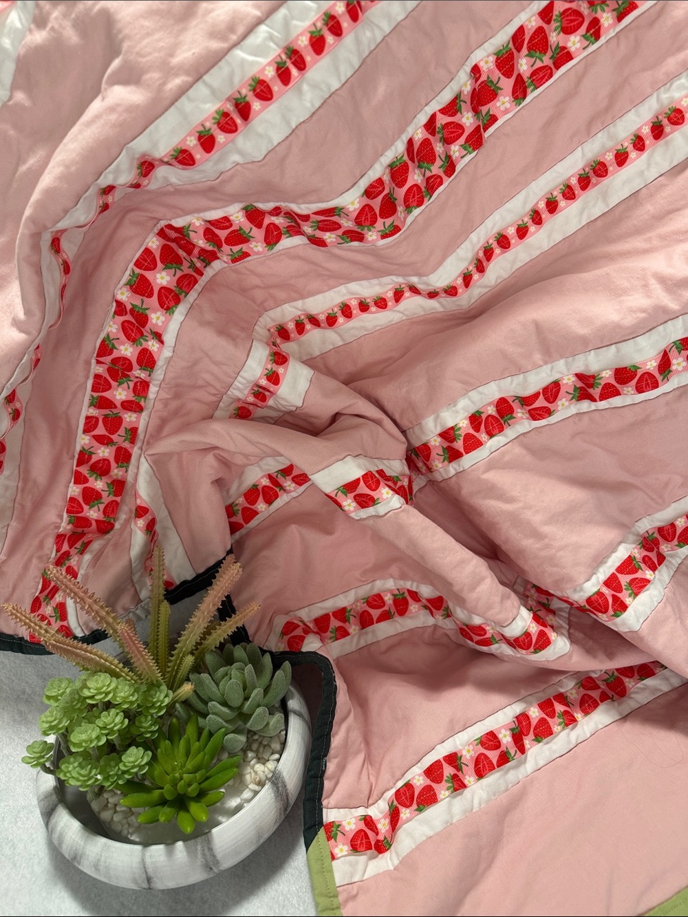 Handmade Pink Strawberry Stripe Quilted Throw Blanket
